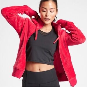 Athleta Triumph velvet zip Hoodie in Double Cozy Karma Velour Hibiscus Red small